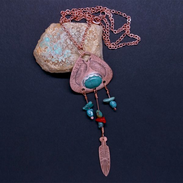 Rustic Turquoise Coral Feathers Copper Necklace