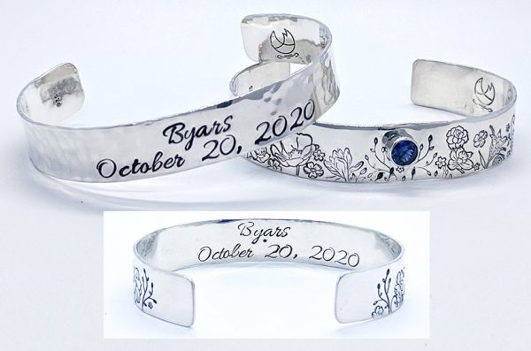 Custom Floral Sterling Silver "His & Hers" Bracelet Cuffs with Birthstone