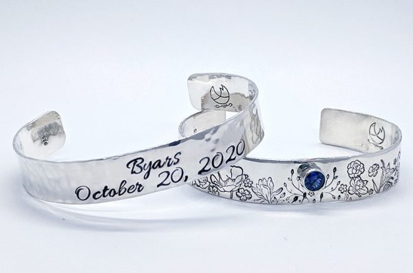 Custom Floral Sterling Silver "His & Hers" Bracelet Cuffs with Birthstone