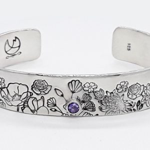 Custom Floral Sterling Silver Inspirational Message Bracelet Cuff with Birthstone