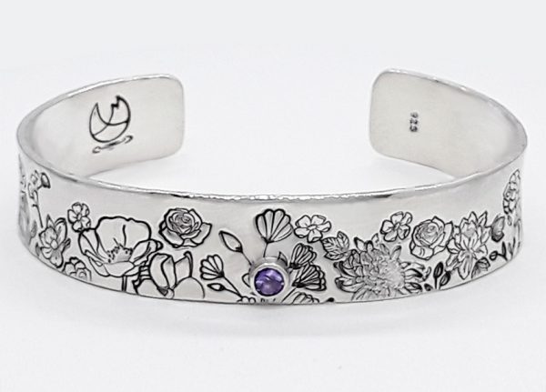 Custom Floral Sterling Silver Inspirational Message Bracelet Cuff with Birthstone