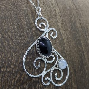 Black Onyx and Moonstone Swirls Sterling Silver Pendant
