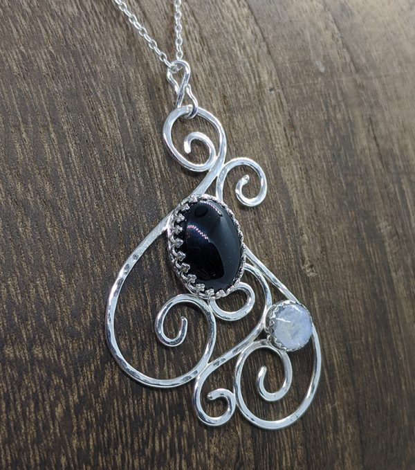 Black Onyx and Moonstone Swirls Sterling Silver Pendant