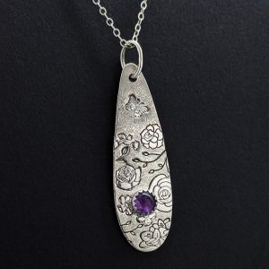 Sterling Silver Textured Floral Amethyst Drop