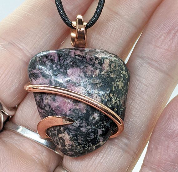 Copper Wire-Wrapped Tumbled Rhodonite Pendant